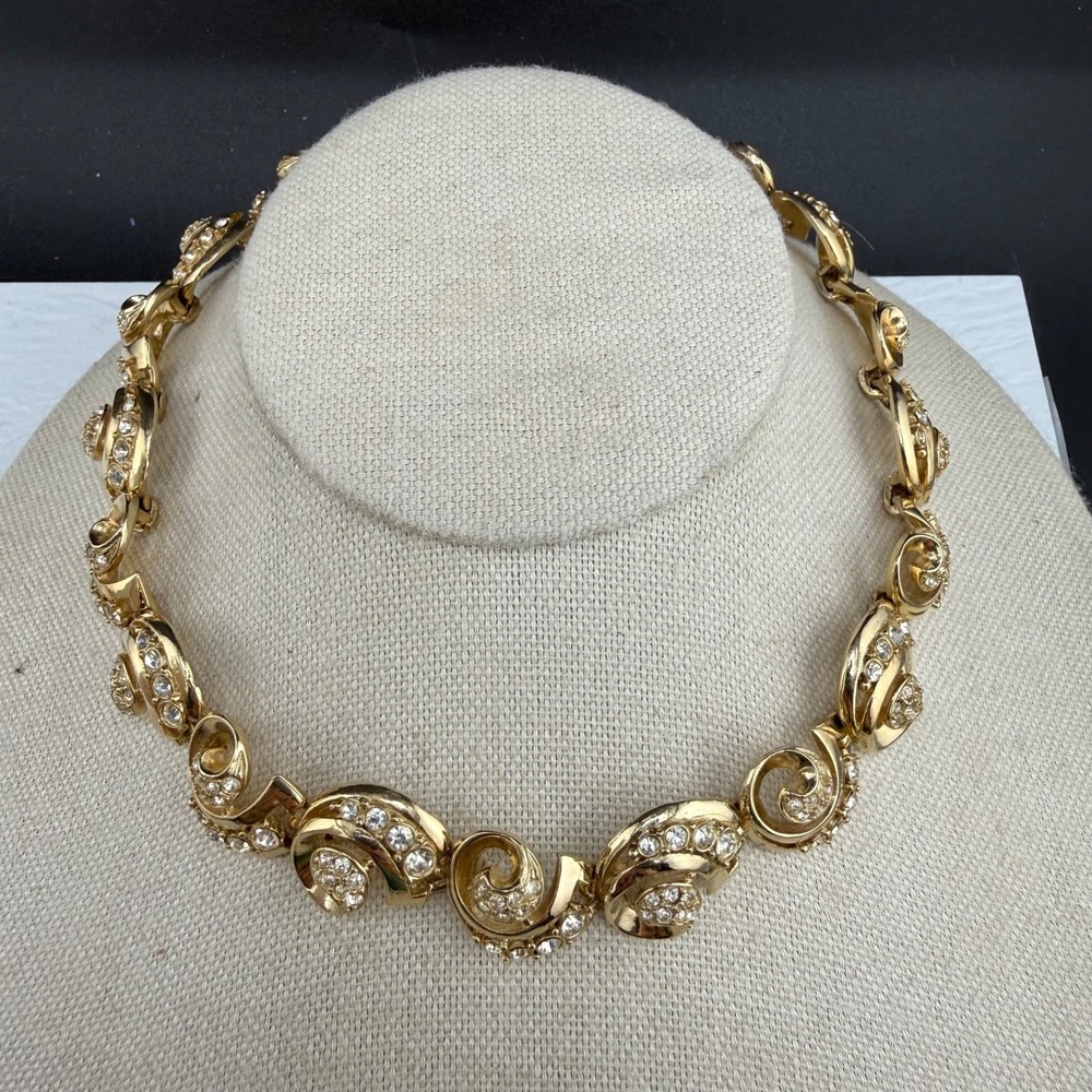 Vintage Estate Rhinestone Statement Necklace Gold Tone Swirl Scroll 14in